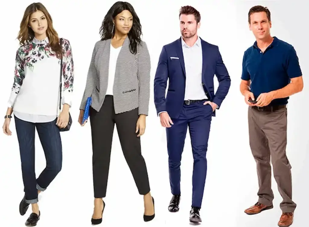 Four individuals are seen standing against a white background. From left to right: a woman in a floral blouse and jeans, a woman in a checked blazer and black pants, a man in a blue suit, and a man in a blue polo shirt and khakis. smart casual Attire for Ladies