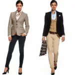 Four women stand confidently, each wearing a different stylish and professional outfit. Outfits include blazers, blouses, trousers, and heels in a range of colors such as black, beige, and maroon. Each woman showcases a unique, polished look. Smart Casual Attire for Ladies  