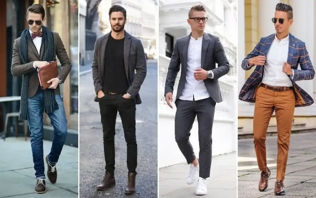 Four men showcase different stylish outfits. The first wears a brown suit with blue jeans and a scarf. The second wears a black shirt and pants with a grey jacket. The third sports a light grey suit with white sneakers. The fourth wears a blue plaid blazer with brown pants.