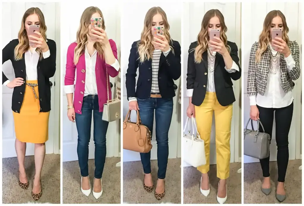 A person with long blonde hair is seen in five different outfits, each holding a phone to capture a mirror selfie. The person is wearing various combinations of jackets, tops, pants, skirts, and stylish accessories in professional and casual styles.