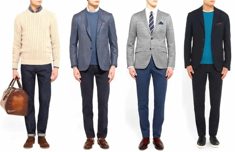 Four male mannequins showcase different smart casual outfits. From left to right: (1) Cream sweater with navy pants and brown tote bag, (2) Blue checkered blazer over blue sweater with navy pants, (3) Grey blazer with navy tie and pants, (4) Black blazer over blue sweater with black pants. Smart Casual