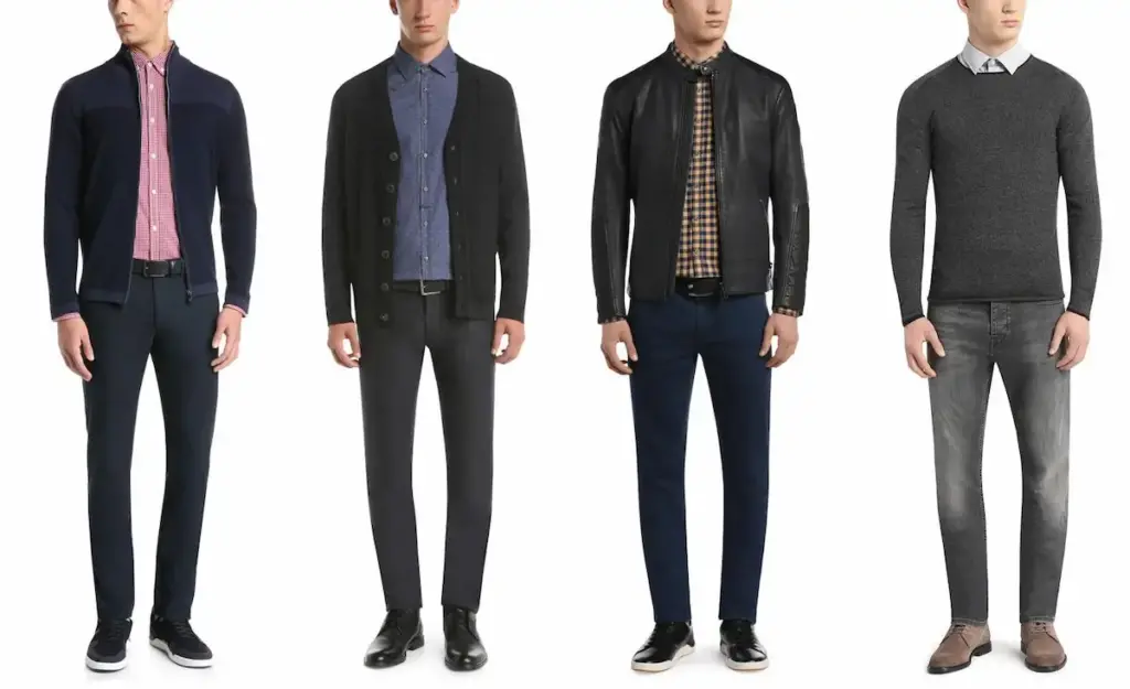 Four male mannequins are shown, each dressed in a different outfit. From left to right: a red checkered shirt with a dark jacket, a blue shirt with a black cardigan, a yellow checkered shirt with a black leather jacket, and a gray sweater with gray jeans.